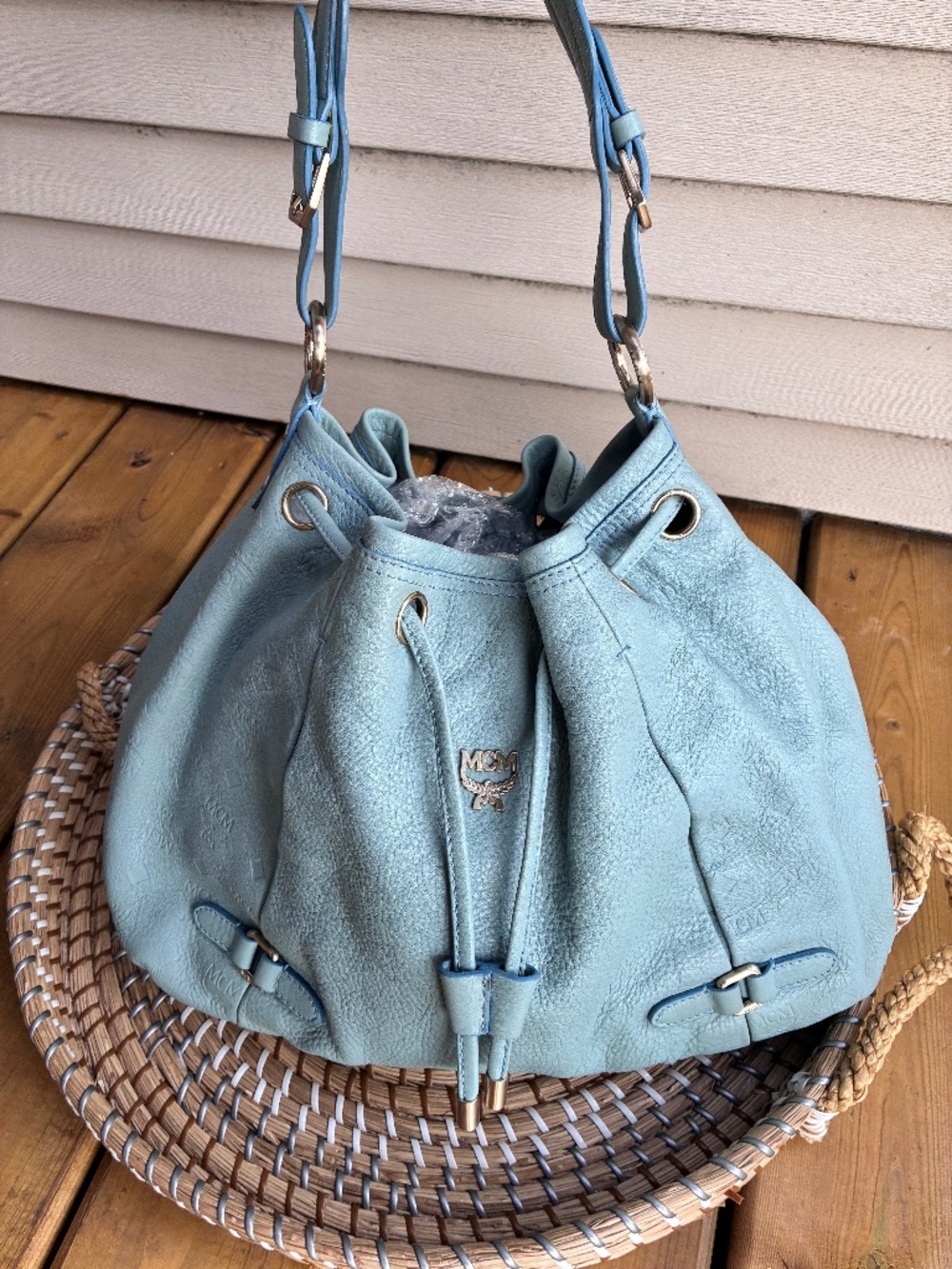 Mcm light blue bucket hobo bag